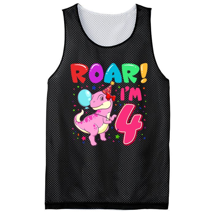 Dinosaur Girl Roar Im 4 Year Old 4th Birthday Party Mesh Reversible Basketball Jersey Tank