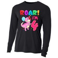 Dinosaur Girl Roar Im 4 Year Old 4th Birthday Party Cooling Performance Long Sleeve Crew