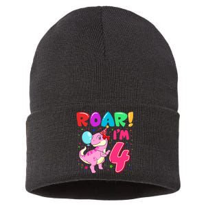 Dinosaur Girl Roar Im 4 Year Old 4th Birthday Party Sustainable Knit Beanie