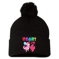 Dinosaur Girl Roar Im 4 Year Old 4th Birthday Party Pom Pom 12in Knit Beanie