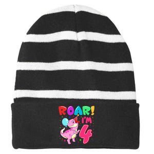 Dinosaur Girl Roar Im 4 Year Old 4th Birthday Party Striped Beanie with Solid Band