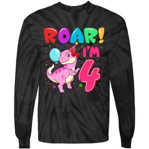 Dinosaur Girl Roar Im 4 Year Old 4th Birthday Party Tie-Dye Long Sleeve Shirt