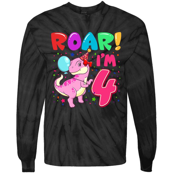 Dinosaur Girl Roar Im 4 Year Old 4th Birthday Party Tie-Dye Long Sleeve Shirt