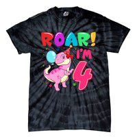 Dinosaur Girl Roar Im 4 Year Old 4th Birthday Party Tie-Dye T-Shirt