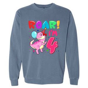 Dinosaur Girl Roar Im 4 Year Old 4th Birthday Party Garment-Dyed Sweatshirt