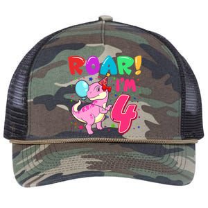 Dinosaur Girl Roar Im 4 Year Old 4th Birthday Party Retro Rope Trucker Hat Cap