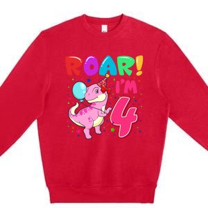 Dinosaur Girl Roar Im 4 Year Old 4th Birthday Party Premium Crewneck Sweatshirt