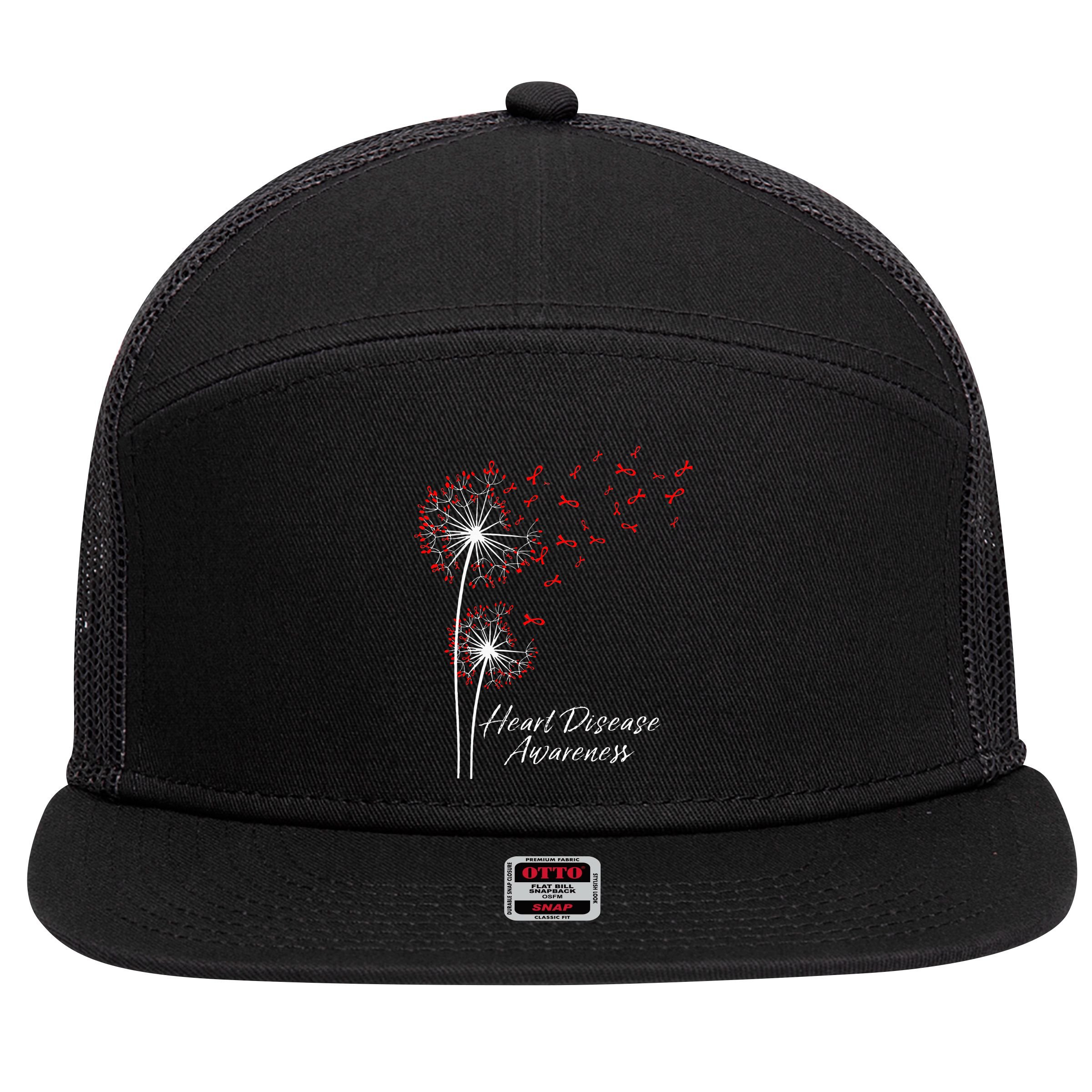 Dandelion Go Red Ribbon Heart Disease Awareness Month 7 Panel Mesh Trucker Snapback Hat