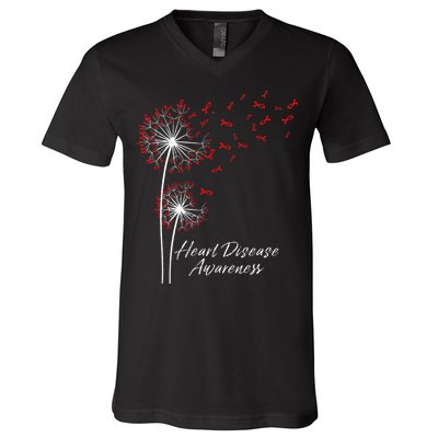 Dandelion Go Red Ribbon Heart Disease Awareness Month V-Neck T-Shirt