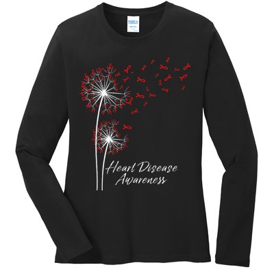 Dandelion Go Red Ribbon Heart Disease Awareness Month Ladies Long Sleeve Shirt