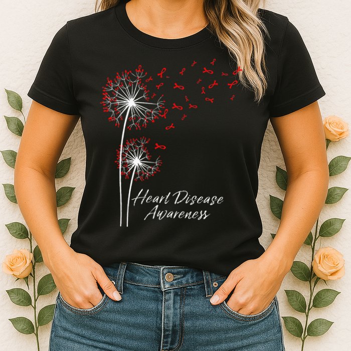 Dandelion Go Red Ribbon Heart Disease Awareness Month Womens T-Shirt
