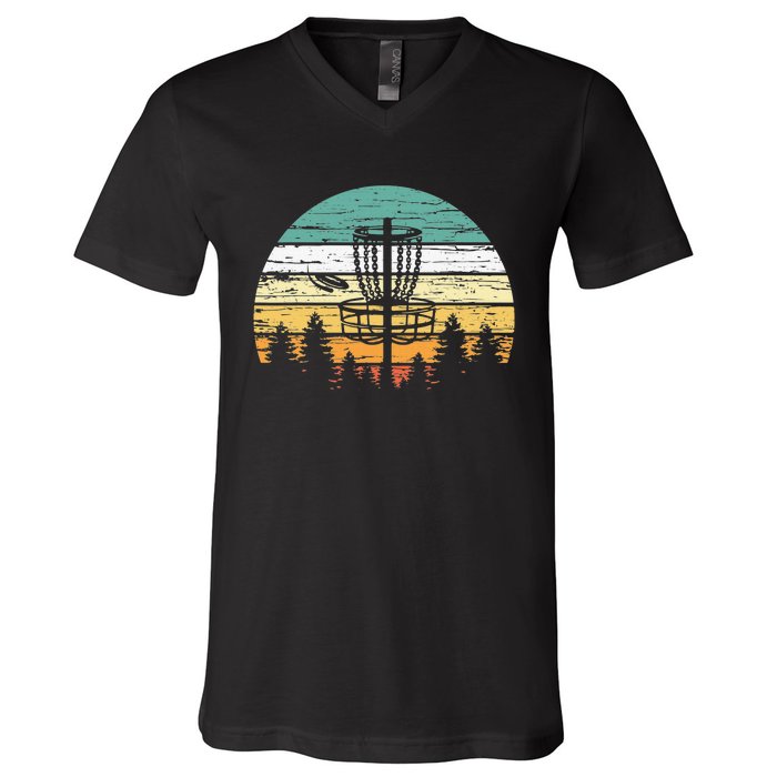 Disc Golf Retro Sunset Frisbee Golf Player V-Neck T-Shirt