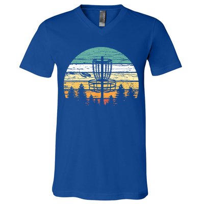 Disc Golf Retro Shirt, Sunset Vintage Frisbee Golf V-Neck T-Shirt
