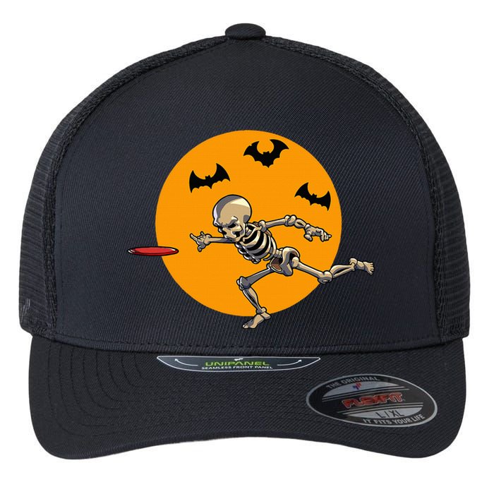 Disc Golfing Skeleton Halloween Disc Golf Halloween Flexfit Unipanel Trucker Cap