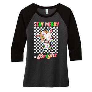 Dabbing Goat Stay Merry And Bright Groovy Christmas Xmas Women's Tri-Blend 3/4-Sleeve Raglan Shirt