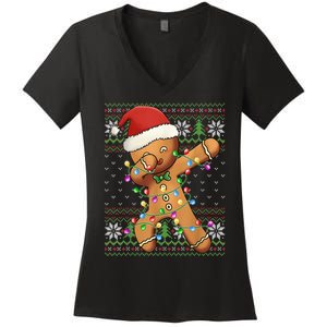 Dabbing Gingerbread Santa Christmas Boy  Xmas Cookie Women's V-Neck T-Shirt