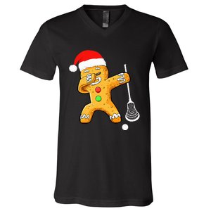 Dabbing Gingerbread Santa Lacrosse Christmas Xmas V-Neck T-Shirt