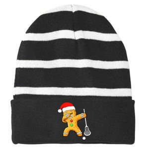 Dabbing Gingerbread Santa Lacrosse Christmas Xmas Striped Beanie with Solid Band