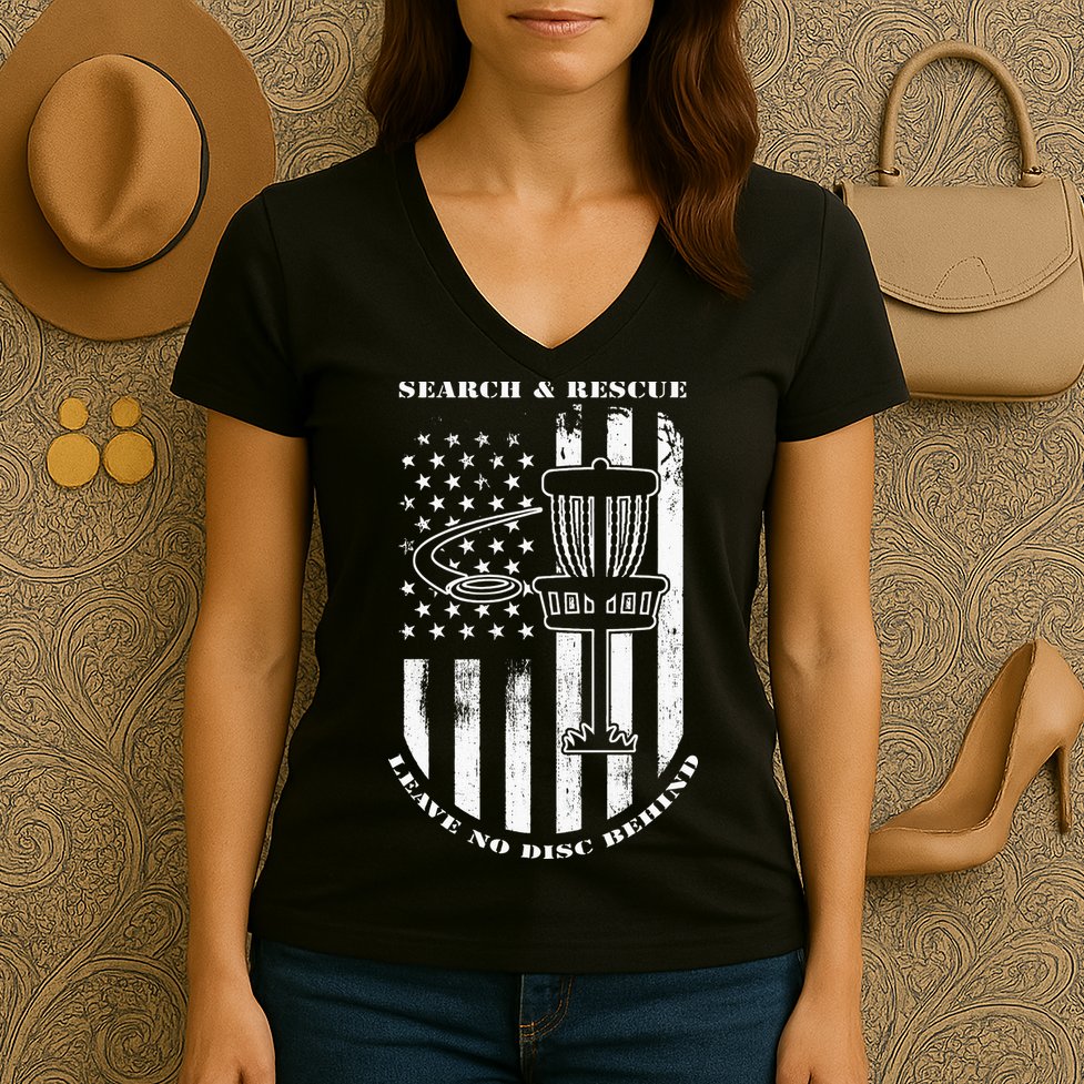 Disc Golf Search & Rescue Leave No Disc Behind White Flag Women's V-Neck T-Shirt