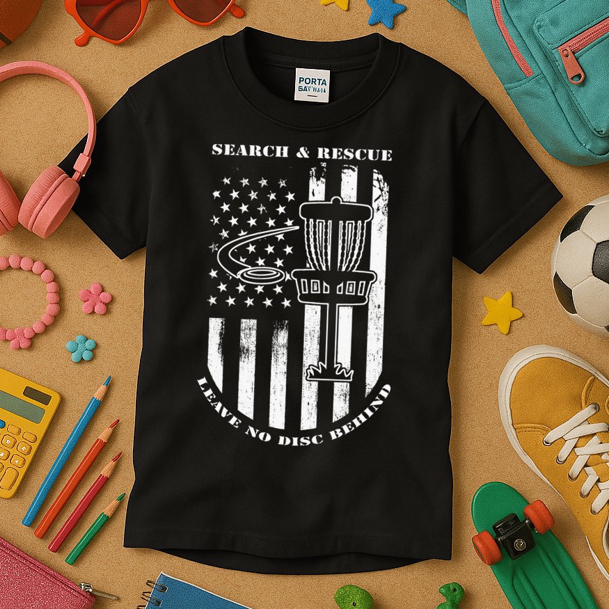 Disc Golf Search & Rescue Leave No Disc Behind White Flag Kids T-Shirt