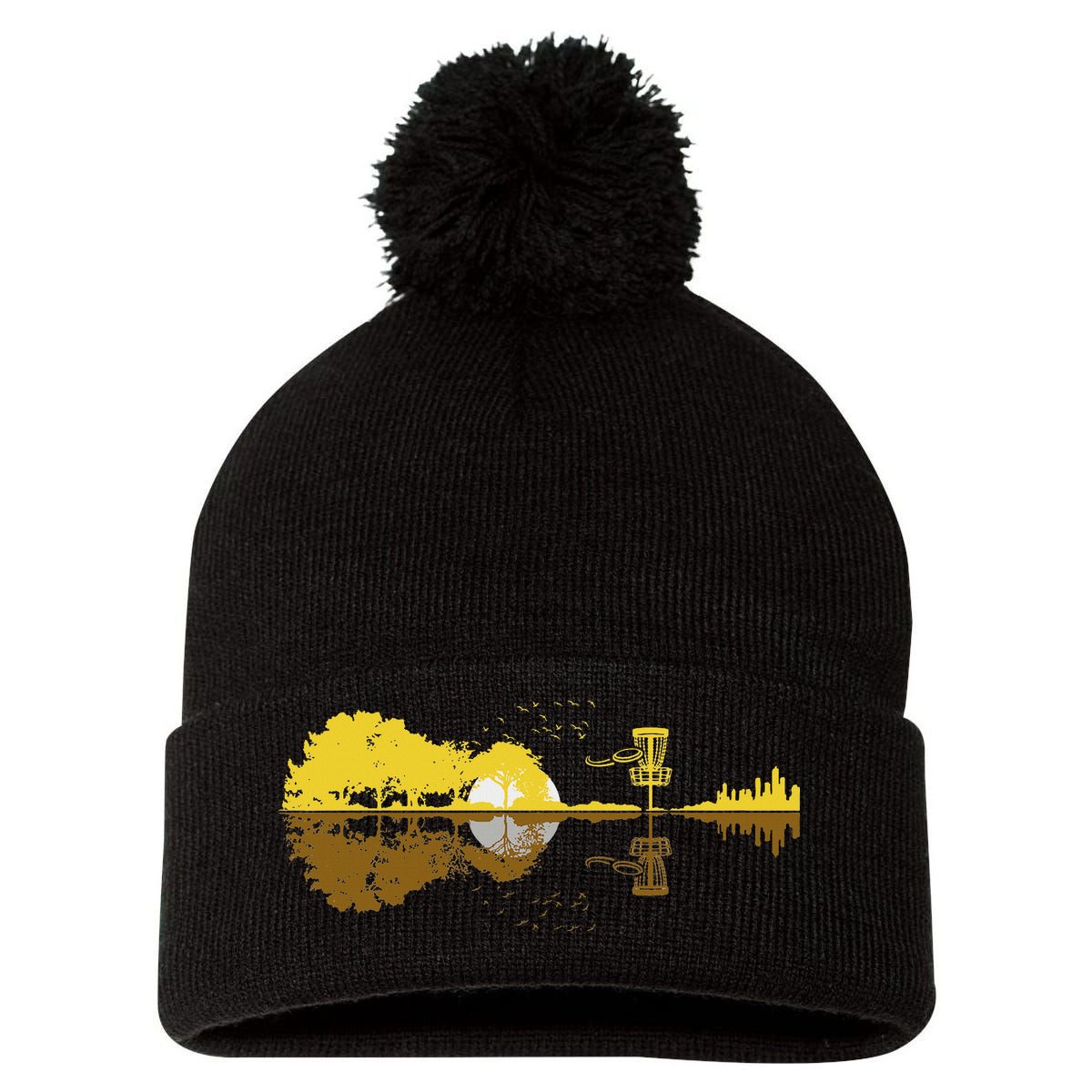 Disc Golf Sunset Guitar Guitarist Player Golfing Frisbee Dad Pom Pom 12in Knit Beanie