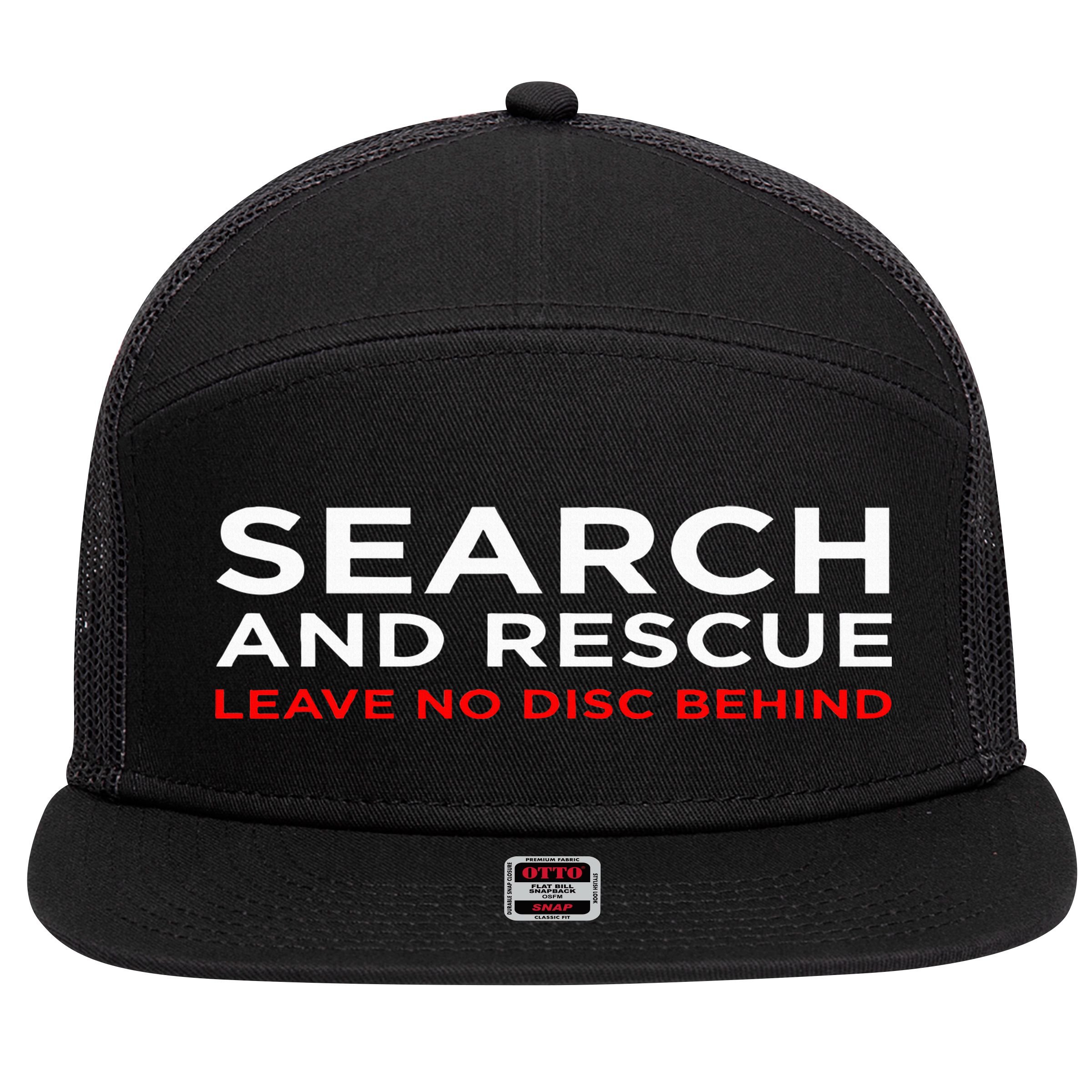 Disc Golf Search Rescue Leave No Disc Behind 7 Panel Mesh Trucker Snapback Hat