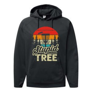 Disc Golf Stupid Tree Funny retro Golf Swing Performance Fleece Hoodie