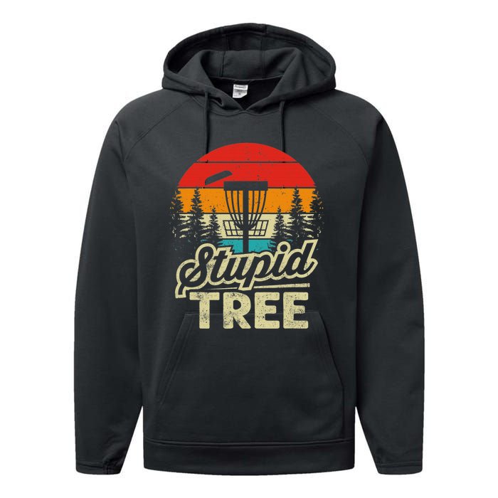 Disc Golf Stupid Tree Funny retro Golf Swing Performance Fleece Hoodie