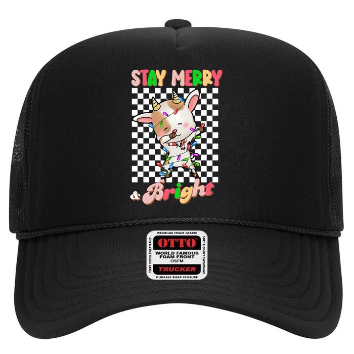 Dabbing Goat Stay Merry And Bright Groovy Christmas Xmas High Crown Mesh Back Trucker Hat