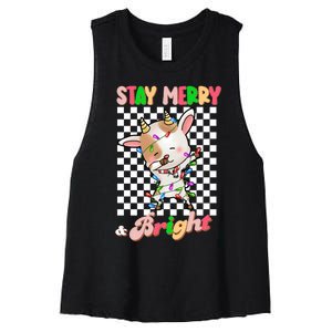 Dabbing Goat Stay Merry And Bright Groovy Christmas Xmas Women's Racerback Cropped Tank