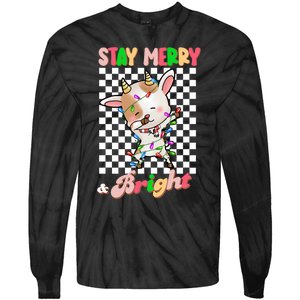 Dabbing Goat Stay Merry And Bright Groovy Christmas Xmas Tie-Dye Long Sleeve Shirt