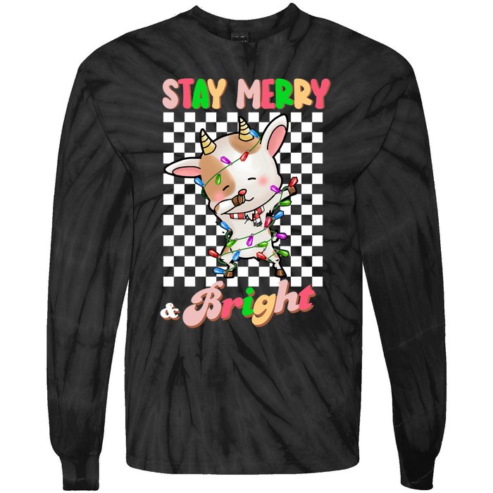 Dabbing Goat Stay Merry And Bright Groovy Christmas Xmas Tie-Dye Long Sleeve Shirt