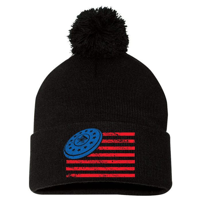 Disc Golf T USA Flag Disc Golf Pom Pom 12in Knit Beanie