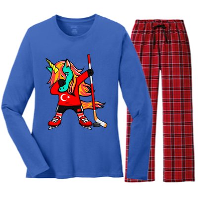 Dabbing Green Unicorn Turkey Ice Hockey Fans Jersey Sport Gift Women's Long Sleeve Flannel Pajama Set 