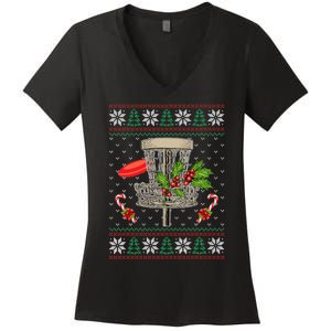 Disc Golf Ugly Christmas Pajama Xmas Funny golf player Women's V-Neck T-Shirt