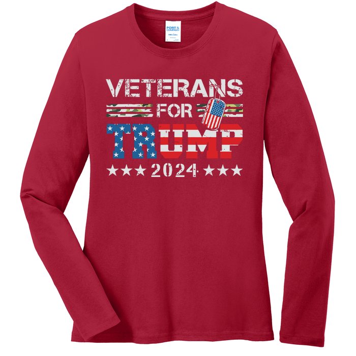 Dad Grandpa Veterans For Trump 2024 American Flag Camo Ladies Long Sleeve Shirt