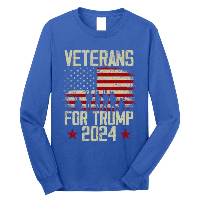 Dad Grandpa Veterans For Trump 2024 American Flag Vintage Gift Long Sleeve Shirt