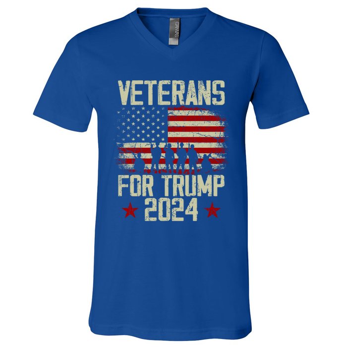 Dad Grandpa Veterans For Trump 2024 American Flag Vintage Gift V-Neck T-Shirt