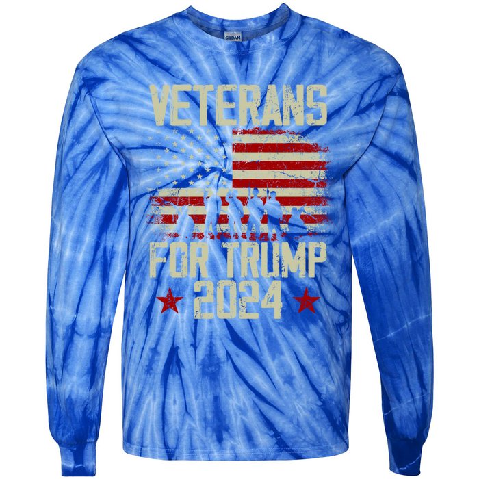 Dad Grandpa Veterans For Trump 2024 American Flag Vintage Gift Tie-Dye Long Sleeve Shirt