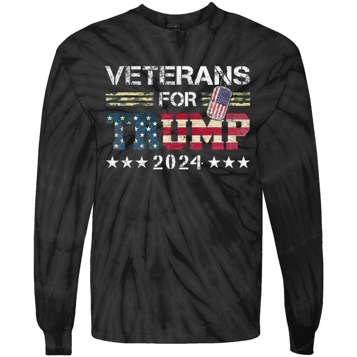 Dad Grandpa Veterans For Trump 2024 American Flag Tie-Dye Long Sleeve Shirt