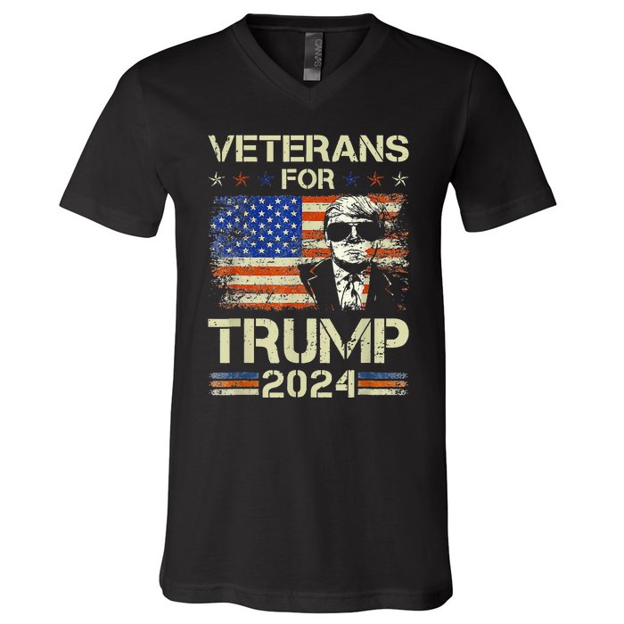 Dad Grandpa Veterans For Trump 2024 American Flag Camo V-Neck T-Shirt