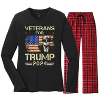 Dad Grandpa Veterans For Trump 2024 American Flag Camo Women's Long Sleeve Flannel Pajama Set 