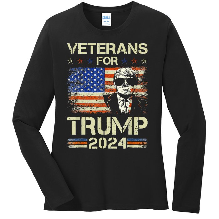 Dad Grandpa Veterans For Trump 2024 American Flag Camo Ladies Long Sleeve Shirt