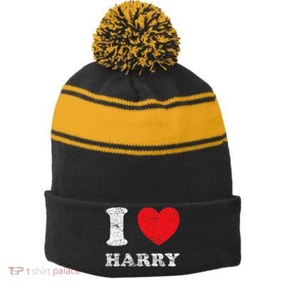 Distressed Grunge Worn Out Style I Love Harry Stripe Pom Pom Beanie