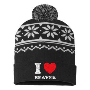 Distressed Grunge Worn Out Style I Love Beaver USA-Made Snowflake Beanie