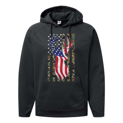 Deer Hunting 4th Of July American Flag Camo Patriotic Hunter Performance Fleece Hoodie