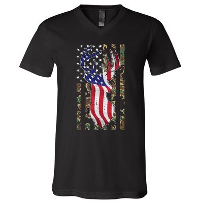 Deer Hunting 4th Of July American Flag Camo Patriotic Hunter V-Neck T-Shirt