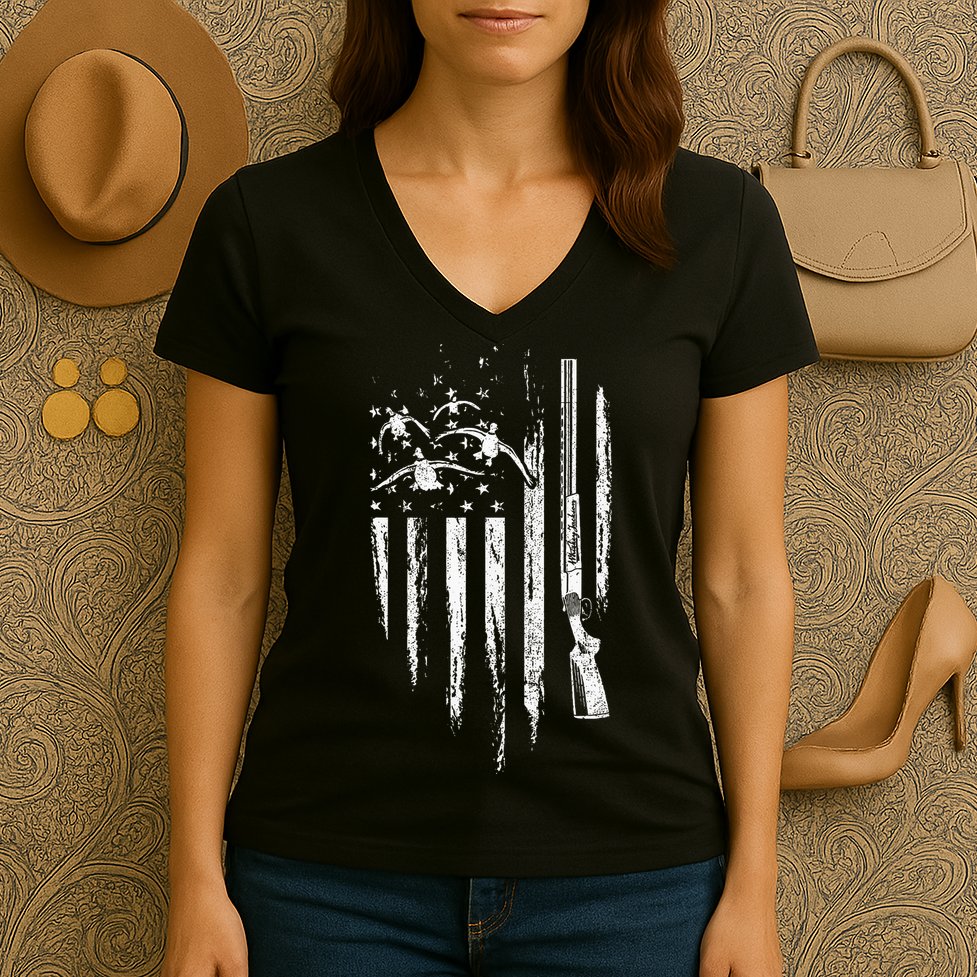 Duck Hunting American Flag Waterfowl Goose Gift For Hunter  Women's V-Neck T-Shirt