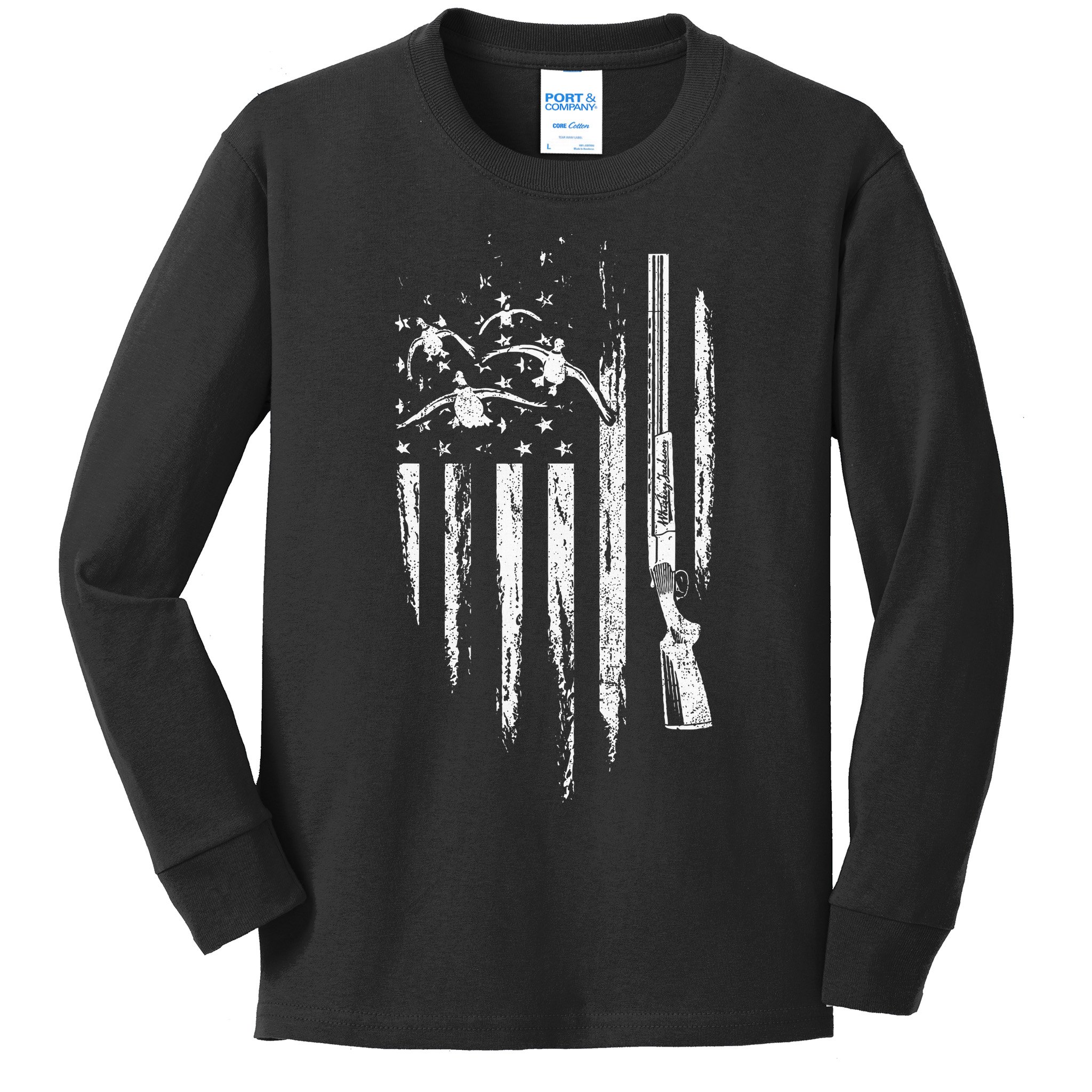Duck Hunting American Flag Waterfowl Goose Gift For Hunter  Kids Long Sleeve Shirt