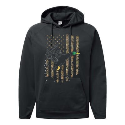 Duck Hunter American Flag Waterfowl Hunting Camouflage Performance Fleece Hoodie